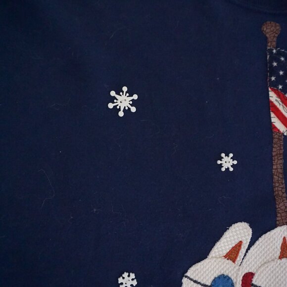 Vintage Jerzees Blue Sweater Snowman Flag Cotton Holiday Festive Snowflakes L - Picture 8 of 10